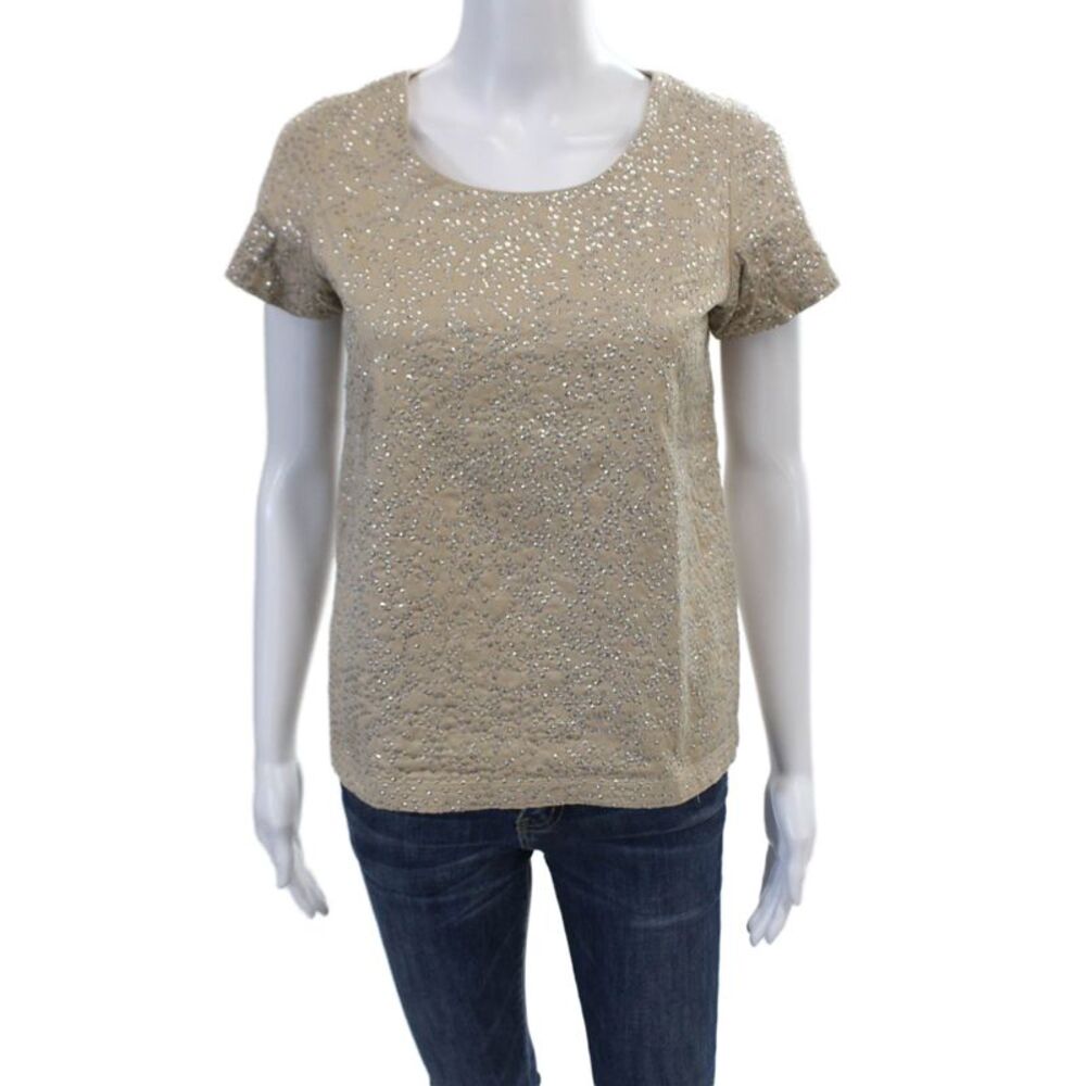 Gryphon New York Womens Short Sleeve Metallic Embellished Blouse Beige Size S